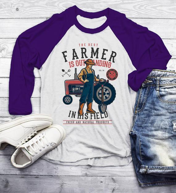 Men's Funny Farmer Shirt Best In Field TShirt 3/4 Sleeve Raglan Farming Gift Idea Vintage Farming Graphic Tee-Shirts By Sarah
