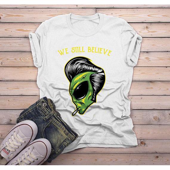 Men's Alien T Shirt We Still Believe Shirt UFO Space Geek Graphic Tee Smoking Extraterrestrial-Shirts By Sarah