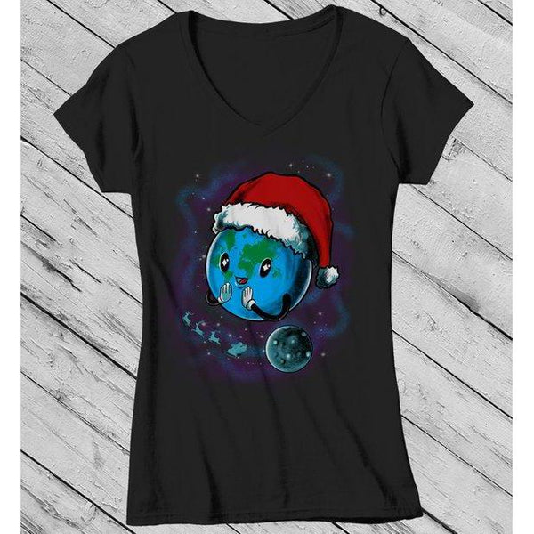 Women's Earth Christmas Shirt Geek Shirt Christmas Geek Shirts Graphic Tee Santa Hat T Shirt-Shirts By Sarah