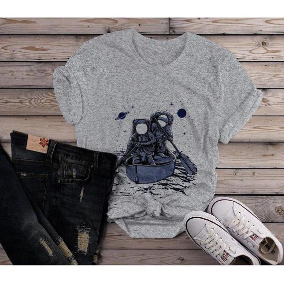 Women's Astronaut T Shirt Rowing Through Space Graphic Tee Journey Geek Shirt Nerd Shirts-Shirts By Sarah