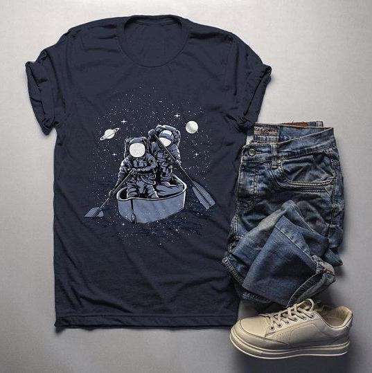 Men's Astronaut T Shirt Rowing Through Space Graphic Tee Journey Geek Shirt Nerd Shirts-Shirts By Sarah