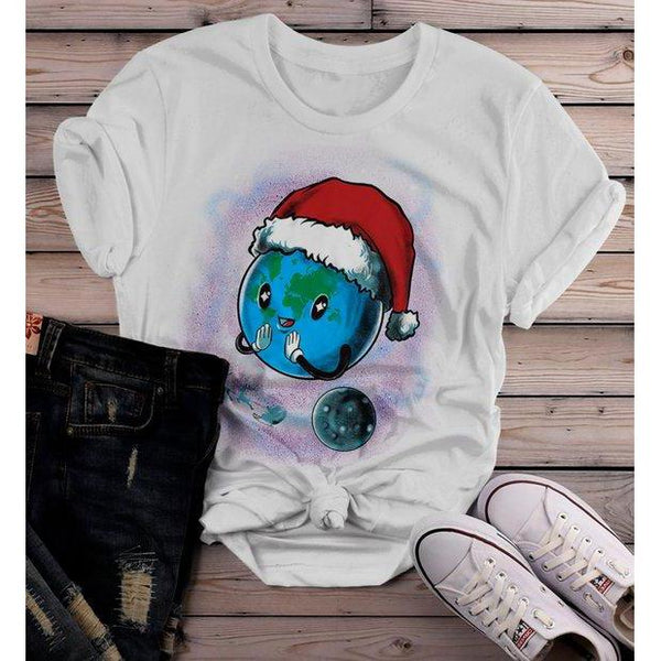 Women's Earth Christmas Shirt Geek Shirt Christmas Geek Shirts Graphic Tee Santa Hat T Shirt-Shirts By Sarah