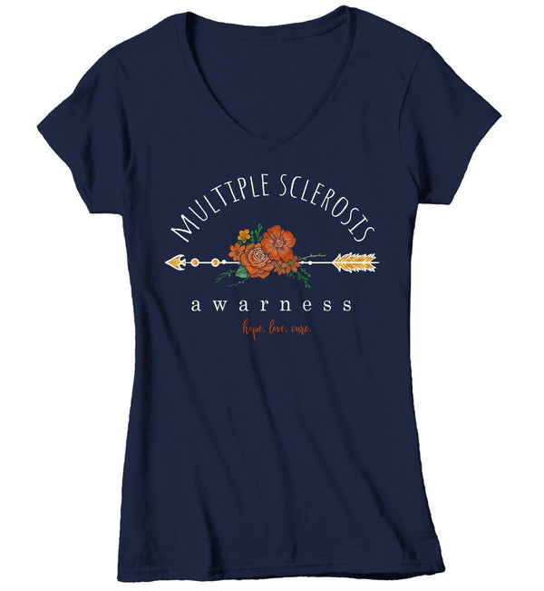 Women's Multiple Sclerosis Awareness T-shirt Hope Love Cure Multiple Sclerosis Shirts Orange Flowers TShirt MS Shirts Watercolors-Shirts By Sarah