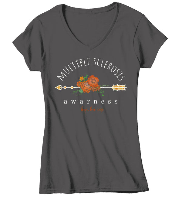 Women's Multiple Sclerosis Awareness T-shirt Hope Love Cure Multiple Sclerosis Shirts Orange Flowers TShirt MS Shirts Watercolors-Shirts By Sarah