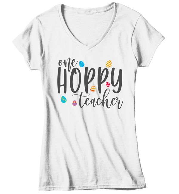 Women's Easter Teacher T-Shirt One Hoppy Teacher Shirt Teachers Shirts Cute Easter Eggs Tshirt-Shirts By Sarah