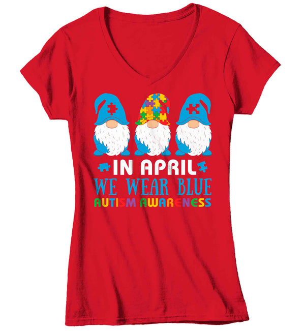 Women's V-Neck Autism T Shirt In April We Wear Blue Shirt Cute Gnome Tee Autism Awareness Puzzle Shirt Ladies Woman Graphic TShirt-Shirts By Sarah