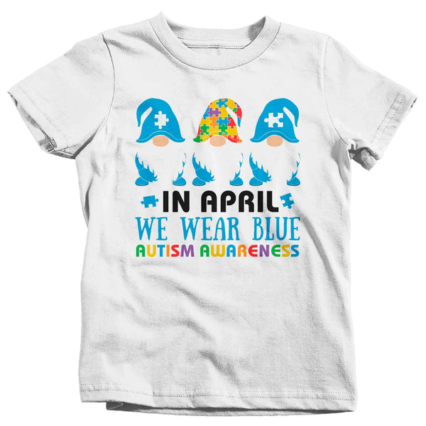 Kids Autism T Shirt In April We Wear Blue Shirt Cute Gnome Tee Autism Awareness Puzzle Shirt Boy's Girl's Youth Unisex TShirt-Shirts By Sarah
