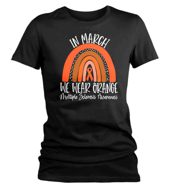 Women's MS Shirt In March We Wear Orange T Shirt MS Tee Cute Rainbow Shirt Multiple Sclerosis Shirt Awareness Ladies V-Neck-Shirts By Sarah
