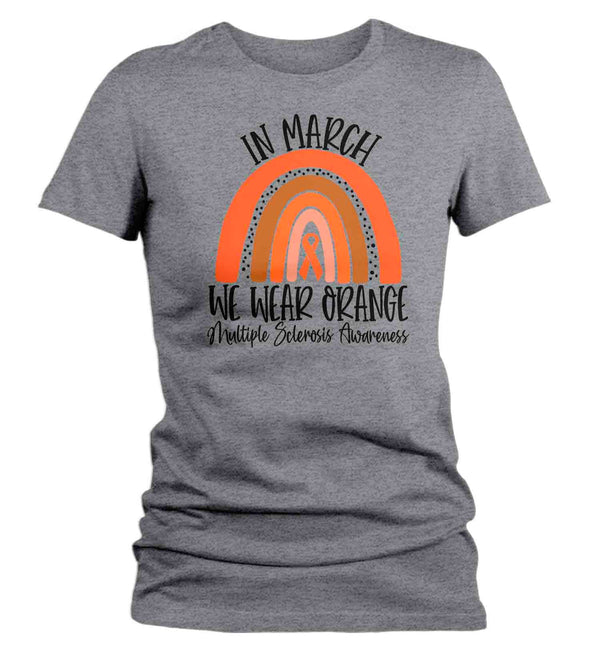 Women's MS Shirt In March We Wear Orange T Shirt MS Tee Cute Rainbow Shirt Multiple Sclerosis Shirt Awareness Ladies V-Neck-Shirts By Sarah