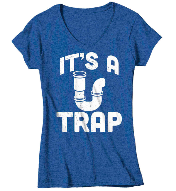 Women's V-Neck Funny Plumber Shirt It's a Trap T Shirt Plumber Tee Plumber Drain Trap Gift Shirt for Plumber Ladies Tee Pipe Union Worker-Shirts By Sarah