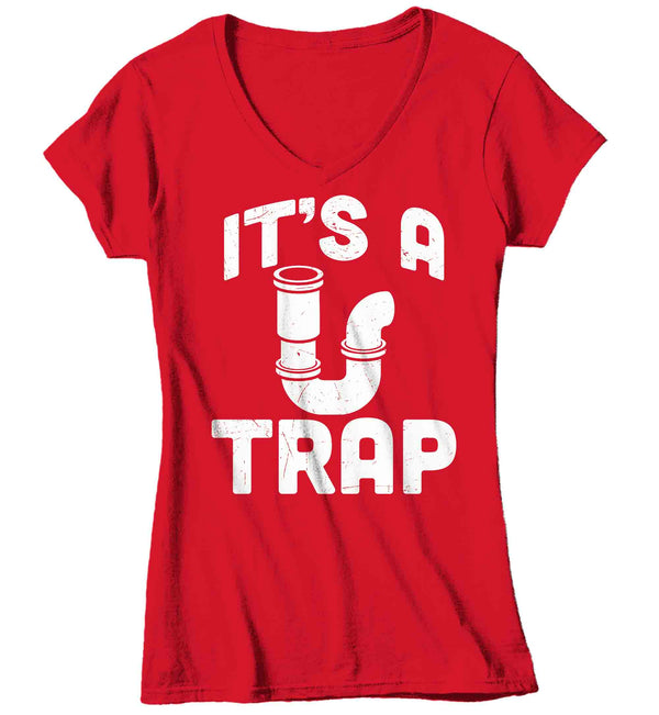Women's V-Neck Funny Plumber Shirt It's a Trap T Shirt Plumber Tee Plumber Drain Trap Gift Shirt for Plumber Ladies Tee Pipe Union Worker-Shirts By Sarah