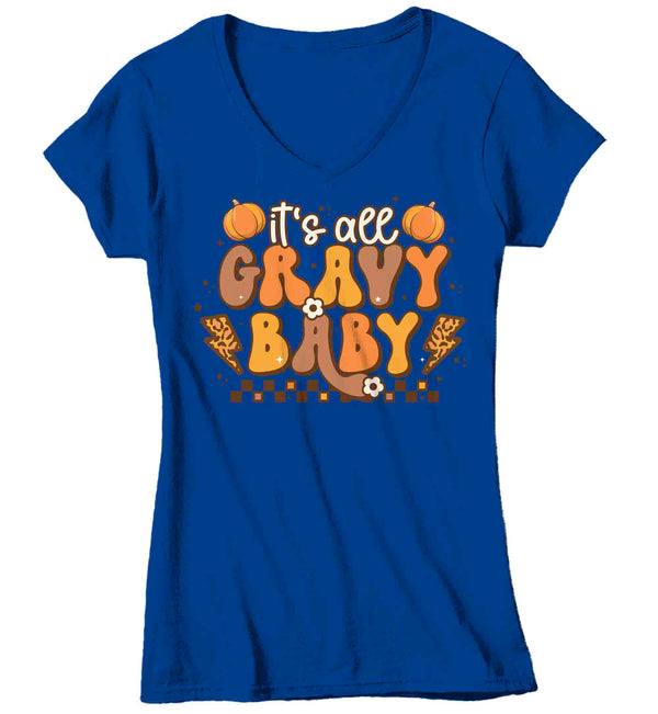 Women's V-Neck Funny Thanksgiving T-Shirt Retro Shirt It's All Gravy Baby Tee Vintage Turkey Day Festive Holiday Funny Graphic Tshirt Ladies-Shirts By Sarah