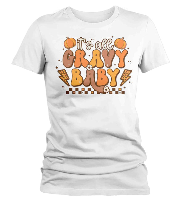 Women's Funny Thanksgiving T-Shirt Retro Shirt It's All Gravy Baby Tee Vintage Turkey Day Festive Holiday Funny Graphic Tshirt Ladies-Shirts By Sarah