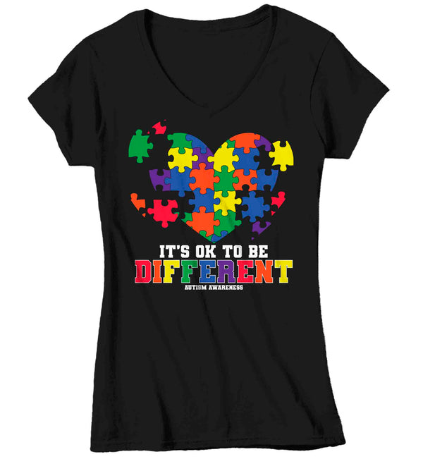 Women's V-Neck Autism TShirt It's Ok To Be Different T Shirt Heart Puzzle Neurodiversity Awareness Autistic Puzzle Gift Shirt Ladies Woman TShirt-Shirts By Sarah
