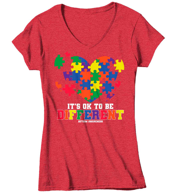 Women's V-Neck Autism TShirt It's Ok To Be Different T Shirt Heart Puzzle Neurodiversity Awareness Autistic Puzzle Gift Shirt Ladies Woman TShirt-Shirts By Sarah