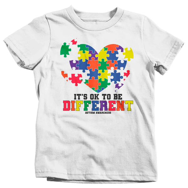 Kids Autism TShirt It's Ok To Be Different T Shirt Heart Puzzle Neurodiversity Awareness Autistic Puzzle Gift Shirt Boy's Girl's TShirt-Shirts By Sarah