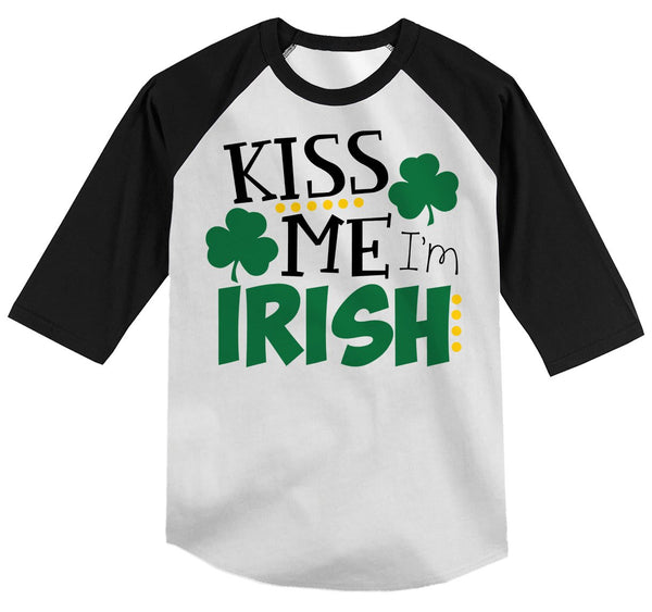 Shirts By Sarah Youth Funny ST. Patrick's Day T-Shirt Kiss Me I'm Irish ¾ Sleeve Raglan-Shirts By Sarah