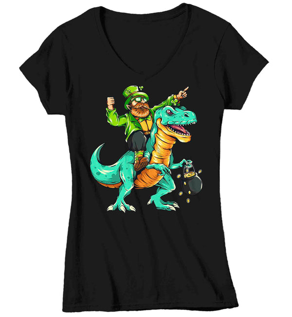Women's V-Neck Funny St. Patrick's Day Shirt T Rex Leprechaun T Shirt Tyrannosaurus Dinosaur Gift Saint Patricks Irish Green Ladies Woman Tee-Shirts By Sarah
