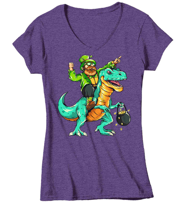 Women's V-Neck Funny St. Patrick's Day Shirt T Rex Leprechaun T Shirt Tyrannosaurus Dinosaur Gift Saint Patricks Irish Green Ladies Woman Tee-Shirts By Sarah