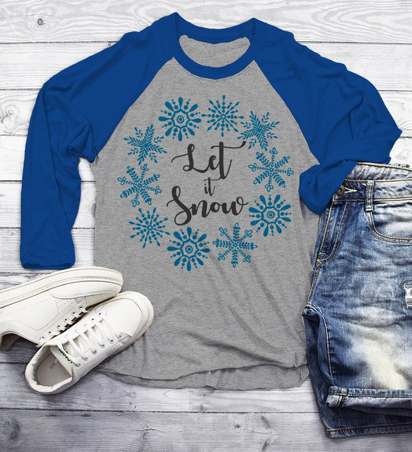 Men's Christmas Shirt Christmas Outfit Christmas Wreath Let It Snow T Shirt Snowflake Tee 3/4 Sleeve Raglan-Shirts By Sarah