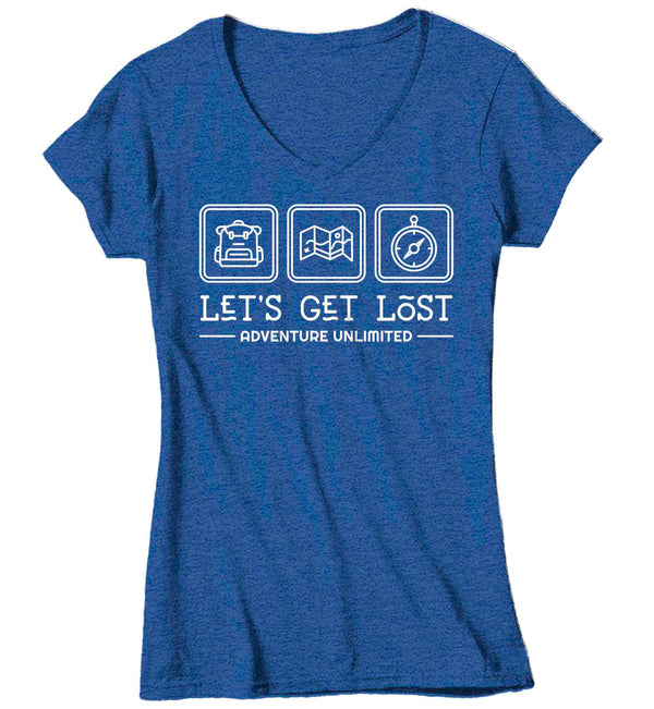 Women's V-Neck Adventure Shirt Lets Get Lost T Shirt Camping Tee Camper Camp Nature Outdoors Graphic Explore TShirt Ladies Soft Tee-Shirts By Sarah