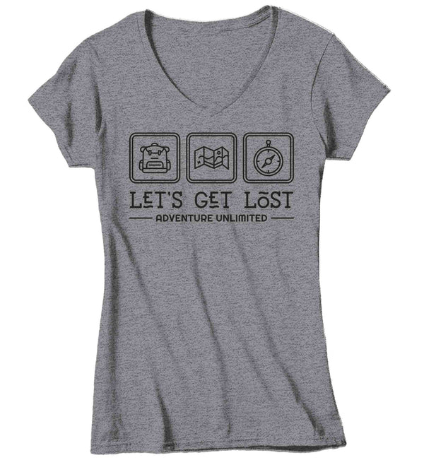 Women's V-Neck Adventure Shirt Lets Get Lost T Shirt Camping Tee Camper Camp Nature Outdoors Graphic Explore TShirt Ladies Soft Tee-Shirts By Sarah