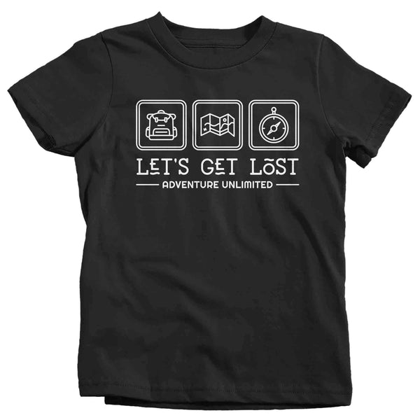 Kids Adventure Shirt Lets Get Lost T Shirt Camping Tee Camper Camp Nature Outdoors Graphic Explore TShirt Boy's Girl's Unisex Soft Tee-Shirts By Sarah