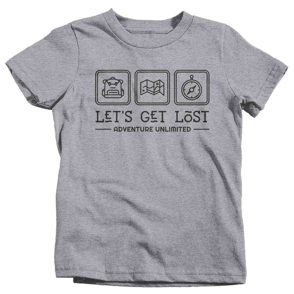 Kids Adventure Shirt Lets Get Lost T Shirt Camping Tee Camper Camp Nature Outdoors Graphic Explore TShirt Boy's Girl's Unisex Soft Tee-Shirts By Sarah
