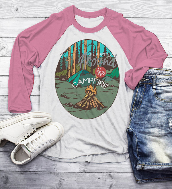 Men's Camping Shirt Life Better Around Campfire Shirts Retro TShirt Hipster Shirts Vintage T Shirt 3/4 Sleeve Raglan-Shirts By Sarah