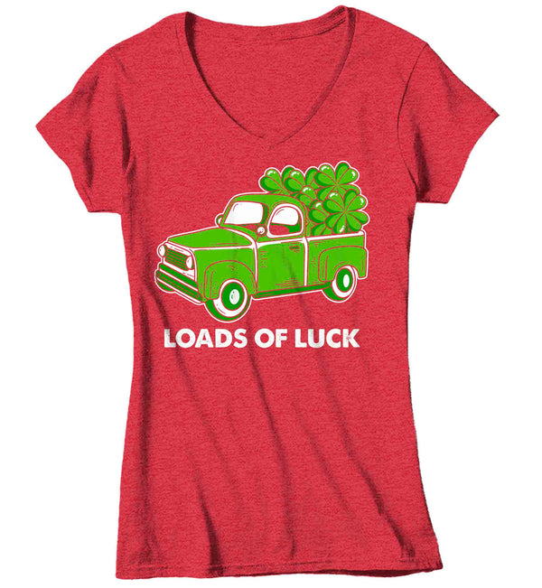 Women's V-Neck Funny St. Patrick's Day Shirt Loads Of Luck T Shirt Pickup Truck Clover Lucky 4 Leaf Gift Saint Patricks Irish Green Ladies Tee-Shirts By Sarah