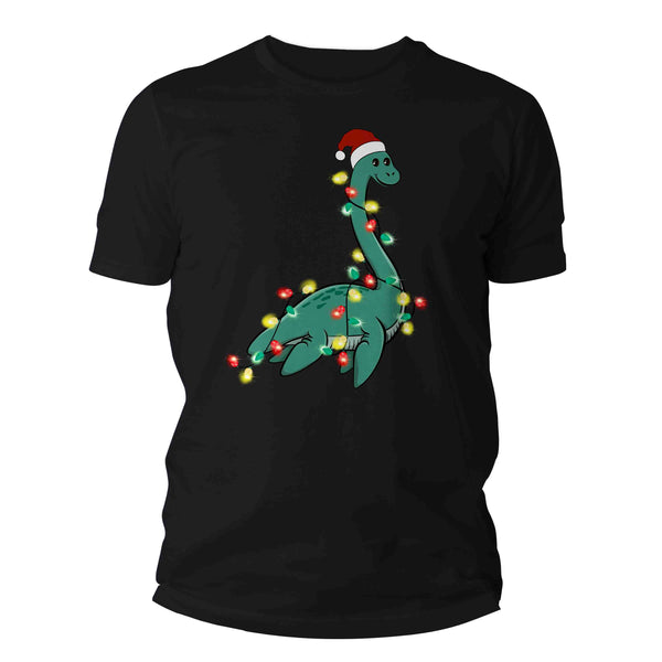 Men's Christmas Shirt Loch Ness XMas Lights T Shirt Cute Tee Tree Lights Santa Hat Dinosaur Dino Holiday Funny Graphic Tshirt Unisex Man-Shirts By Sarah