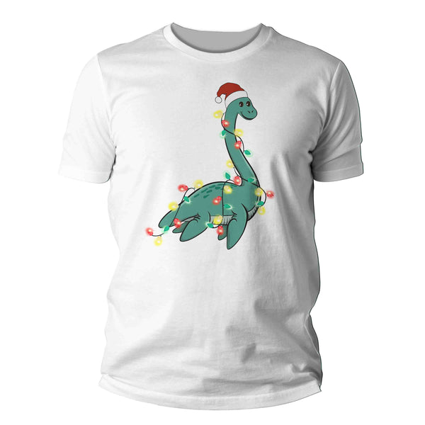 Men's Christmas Shirt Loch Ness XMas Lights T Shirt Cute Tee Tree Lights Santa Hat Dinosaur Dino Holiday Funny Graphic Tshirt Unisex Man-Shirts By Sarah