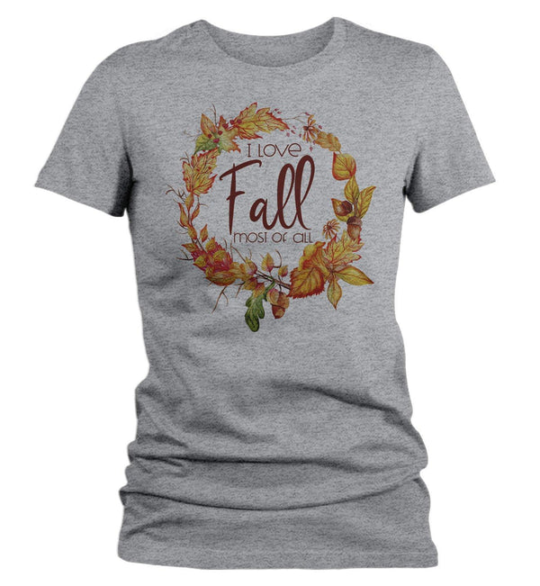 Women's Love Fall T Shirt Wreath Graphic Tee Love Fall Most Of All Shirts Leaves Happy Fall TShirt Watercolor-Shirts By Sarah