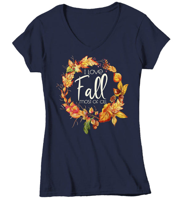 Women's Love Fall T Shirt Wreath Graphic Tee Love Fall Most Of All Shirts Leaves Happy Fall TShirt Watercolor-Shirts By Sarah
