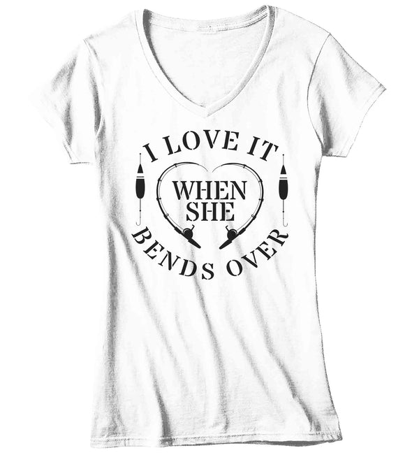 Women's V-Neck Funny Fishing Shirt Love It When She Bends Over T Shirt Fishing Rod Tshirt Crude Offensive Humor Ladies Soft Cotton Or Blend Tee-Shirts By Sarah