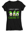 Women's V-Neck Funny St. Patrick's Day Shirt Lucky And I Gnome It T Shirt Clover Lucky 4 Leaf Gift Saint Patricks Irish Green Ladies Woman Tee
