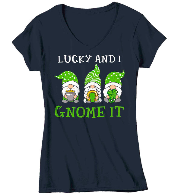 Women's V-Neck Funny St. Patrick's Day Shirt Lucky And I Gnome It T Shirt Clover Lucky 4 Leaf Gift Saint Patricks Irish Green Ladies Woman Tee-Shirts By Sarah
