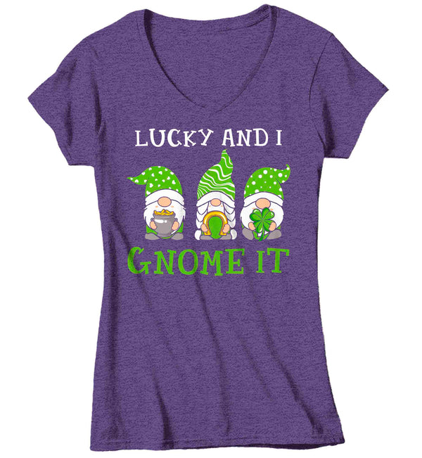 Women's V-Neck Funny St. Patrick's Day Shirt Lucky And I Gnome It T Shirt Clover Lucky 4 Leaf Gift Saint Patricks Irish Green Ladies Woman Tee-Shirts By Sarah
