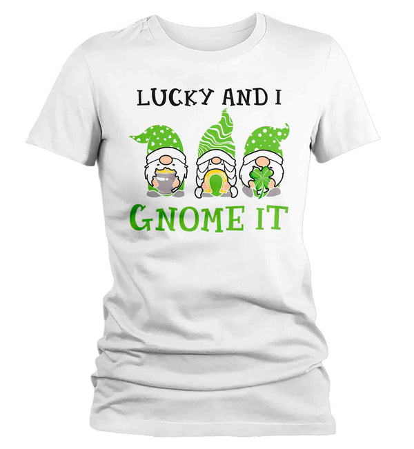 Women's Funny St. Patrick's Day Shirt Lucky And I Gnome It T Shirt Clover Lucky 4 Leaf Gift Saint Patricks Irish Green Ladies Woman Tee-Shirts By Sarah