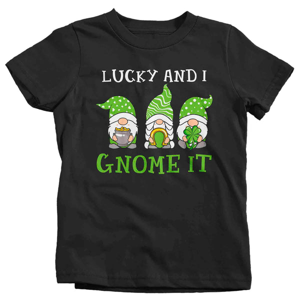 Kids Funny St. Patrick's Day Shirt Lucky And I Gnome It T Shirt Clover Lucky 4 Leaf Gift Saint Patricks Irish Green Boy's Girl's Tee-Shirts By Sarah