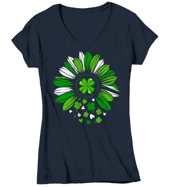 Women's V-Neck Cute St. Patrick's Day Shirt Lucky Sunflower T Shirt Flower Clover Luck Gift Saint Patricks Irish Green Ladies Woman Tee-Shirts By Sarah
