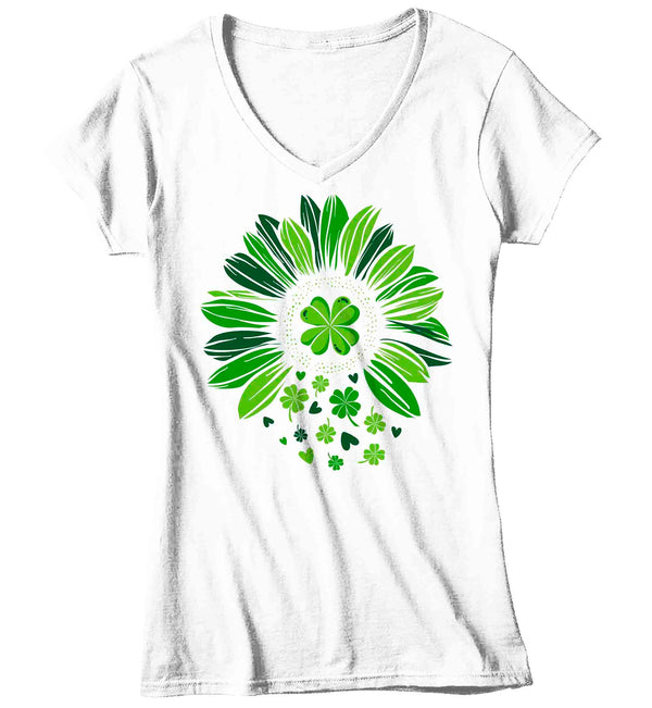 Women's V-Neck Cute St. Patrick's Day Shirt Lucky Sunflower T Shirt Flower Clover Luck Gift Saint Patricks Irish Green Ladies Woman Tee-Shirts By Sarah