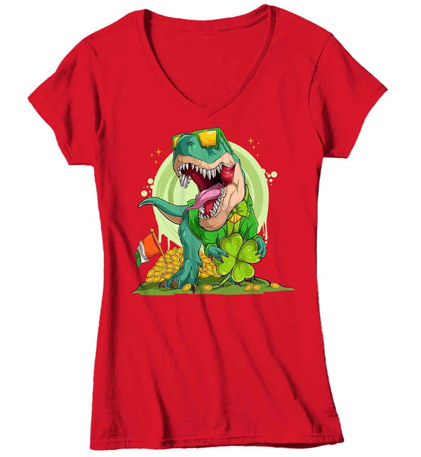 Women's V-Neck Funny St. Patrick's Day Shirt Lucky T Rex T Shirt Tyrannosaurus Clover Dinosaur Gift Saint Patricks Irish Green Ladies Woman Tee-Shirts By Sarah