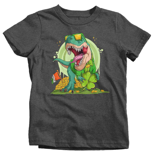 Kids Funny St. Patrick's Day Shirt Lucky T Rex T Shirt Tyrannosaurus Clover Dinosaur Gift Saint Patricks Irish Green Boy's Girl's Tee-Shirts By Sarah