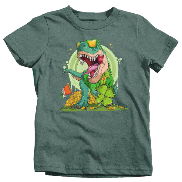 Kids Funny St. Patrick's Day Shirt Lucky T Rex T Shirt Tyrannosaurus Clover Dinosaur Gift Saint Patricks Irish Green Boy's Girl's Tee-Shirts By Sarah
