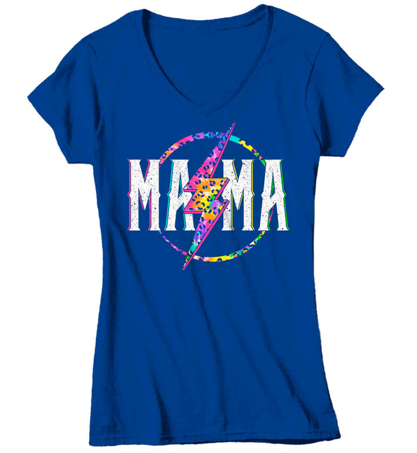 Women's V-Neck Mama Shirt Retro Mom T Shirt Leopard Mama TShirt Mother's Day Lightning Rocker Rock Star Tee Ladies VNeck Soft Cotton Gift Idea-Shirts By Sarah