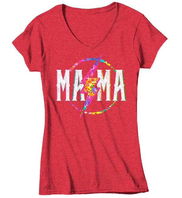 Women's V-Neck Mama Shirt Retro Mom T Shirt Leopard Mama TShirt Mother's Day Lightning Rocker Rock Star Tee Ladies VNeck Soft Cotton Gift Idea-Shirts By Sarah