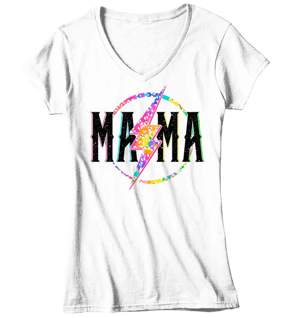 Women's V-Neck Mama Shirt Retro Mom T Shirt Leopard Mama TShirt Mother's Day Lightning Rocker Rock Star Tee Ladies VNeck Soft Cotton Gift Idea-Shirts By Sarah