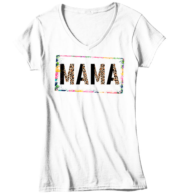 Women's V-Neck Mama Shirt Mother's Day Gift Shirt For Mom Floral Boho Leopard Animal Print Tee Gift For Momma Mod Tee Ladies V-Neck-Shirts By Sarah