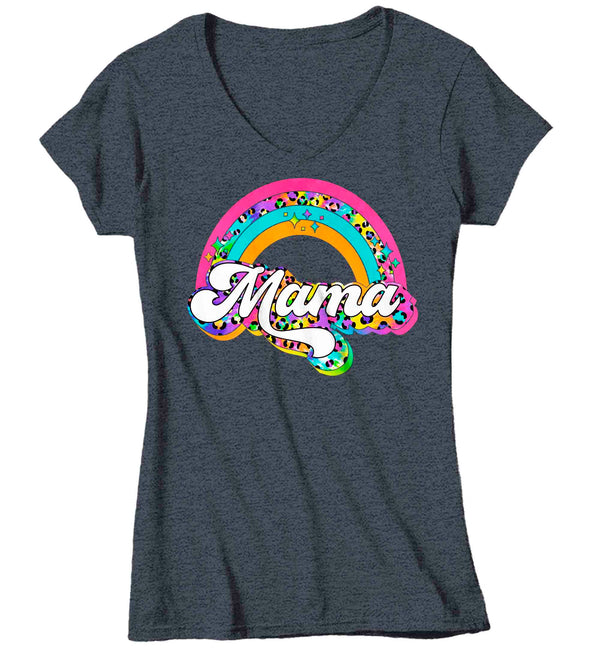 Women's V-Neck Retro Mama Shirt Rainbow Mom T Shirt Vintage Leopard Print TShirt Mother's Day Mama Tee Ladies V-Neck Soft Cotton Gift Idea-Shirts By Sarah